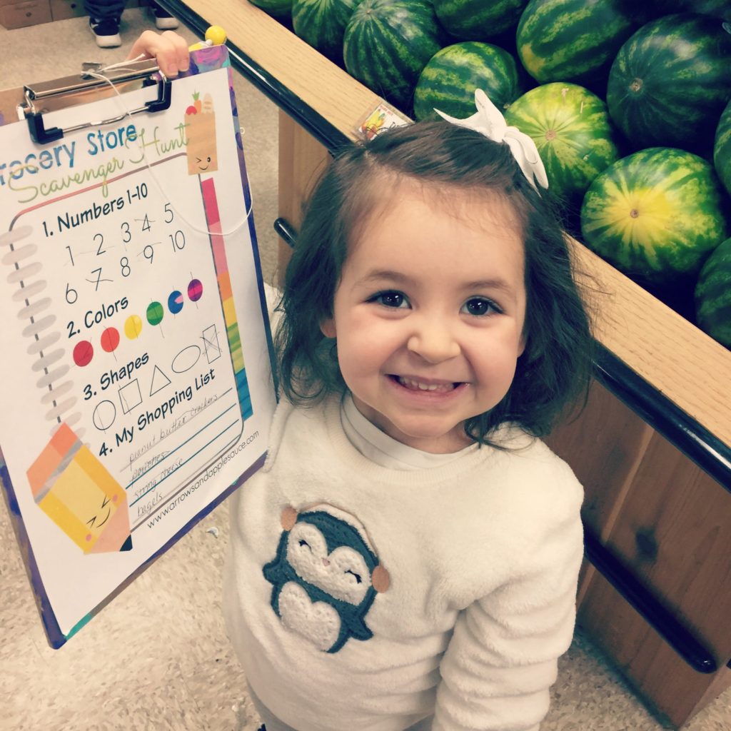 Free printable scavenger hunt game for preschoolers. Learn anywhere, even the grocery store! Review colors, shapes, numbers, and letter sounds. #scavengerhunt #kidsgames #freeprintables #kidsactivities #preschoolprintables #preschoolathome #grocerystoreactivities #homeschoolprintables