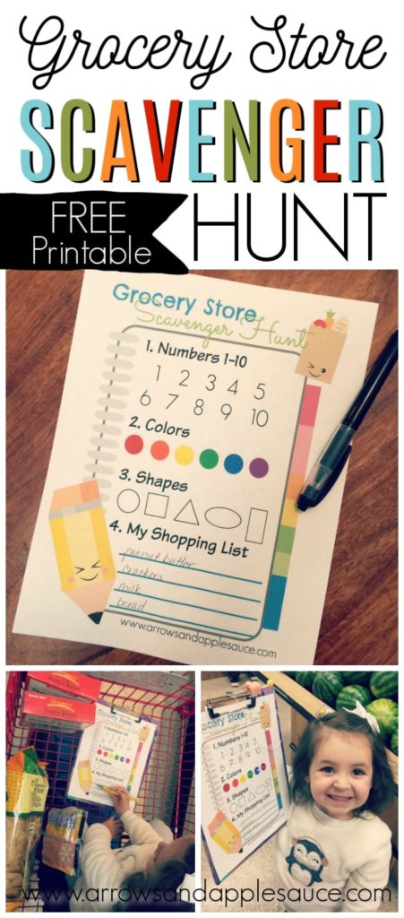 Free printable scavenger hunt game for preschoolers. Learn anywhere, even the grocery store! Review colors, shapes, numbers, and letter sounds. #scavengerhunt #kidsgames #freeprintables #kidsactivities #preschoolprintables #preschoolathome #grocerystoreactivities #homeschoolprintables