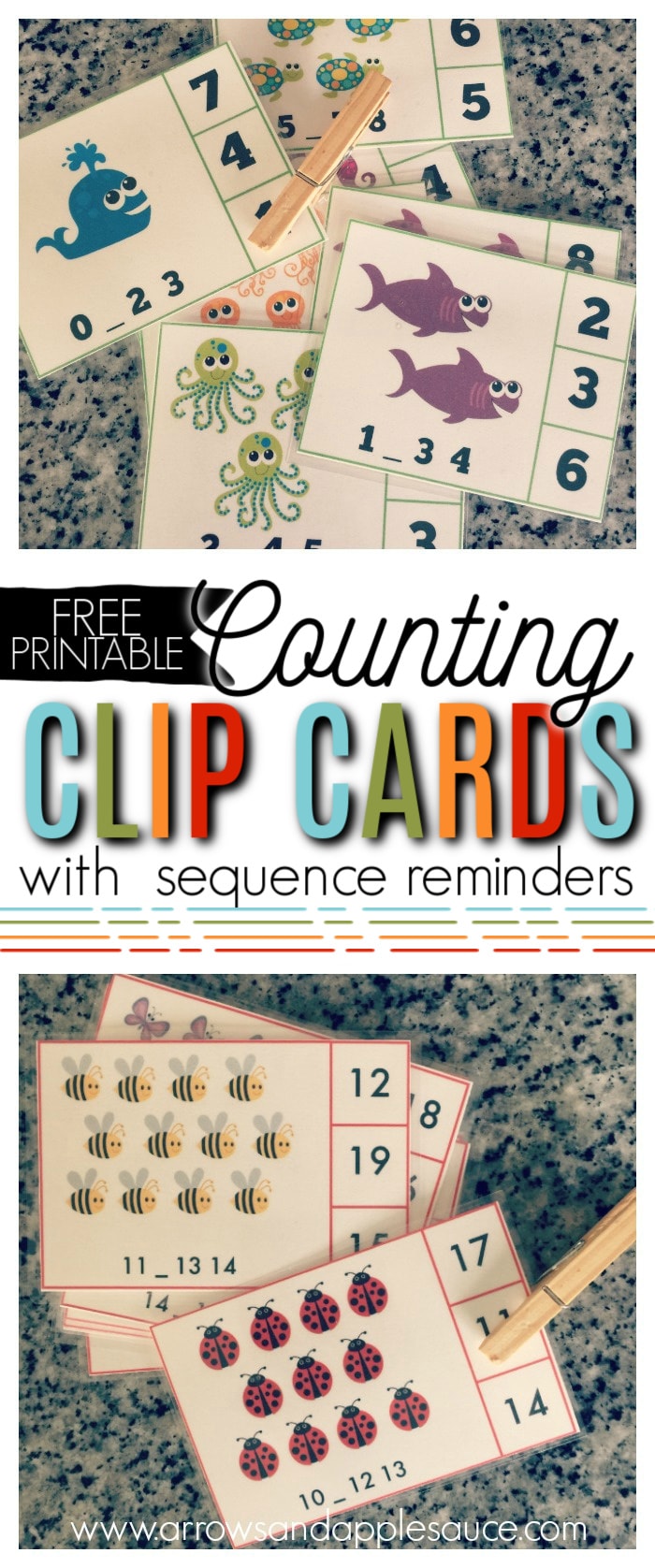 Free alphabet and counting clip card printables. Learning the alphabet and vowel sounds, and counting up to twenty is fun and easy with these cute clip card matching games. #alphabetactivities #preschoolprintables #learningtocount #clipcards #freeprintables #preschoolathome #preschoolmath #vowelsounds