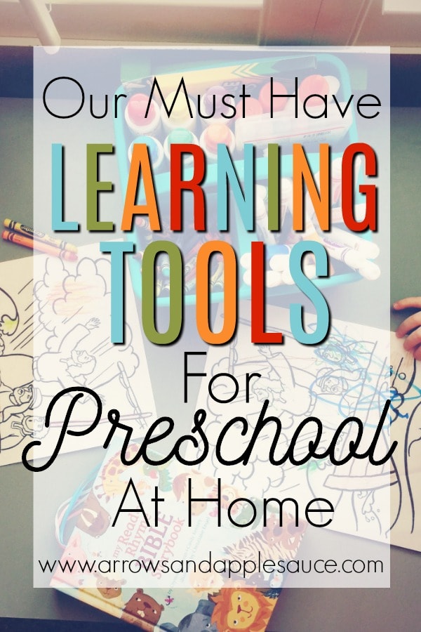 Even though I fully support learning through play at preschool age, there are still a few tools we just wouldn't want to be without. Click to learn more about our favorite homeschool preschool tools. #preschoolathome #homeschoolpreschool #musthaves #doadot #snapcubes #kidsart #hopscotch #sidewalkchalk #learnthroughplay #kidsbooks #schoolsupplies #preschooltools #educationaltoys
