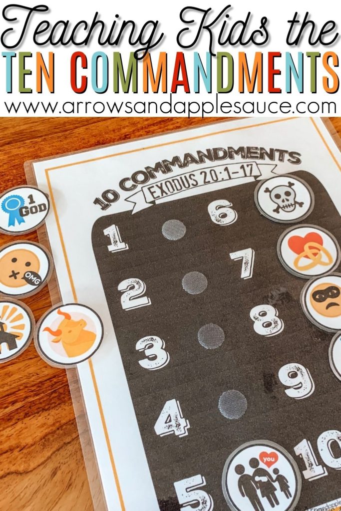 Helping your kiddos learn and remember the Ten Commandments is easy and fun with this printable memory game. Read on to learn how I helped our four year old grasp these big concepts. #tencommandments #Bibleforkids #Bibleverse #faith #homechool #preschool #educationalgames #printables