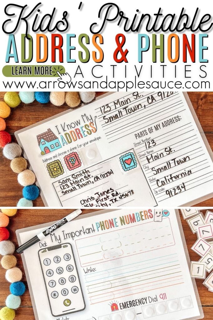 Help your little ones learn their address and phone number with these fun printable activities, plus a cute FREE About Me interview page! #kidslifeskills #homeschoolprintables #learningaddress #learningphonenumbers #homeeducation #kindergartenprintables #firstgradehomeschool