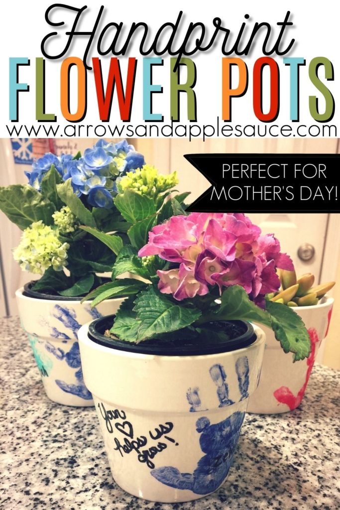 These fun and easy to make hand print flower pots are perfect for Mother's Day! They are sure to become beloved keepsakes. #diy #kidscrafts #handprintcrafts #mothersdaycraft #kidshandprint #cutkidsgift