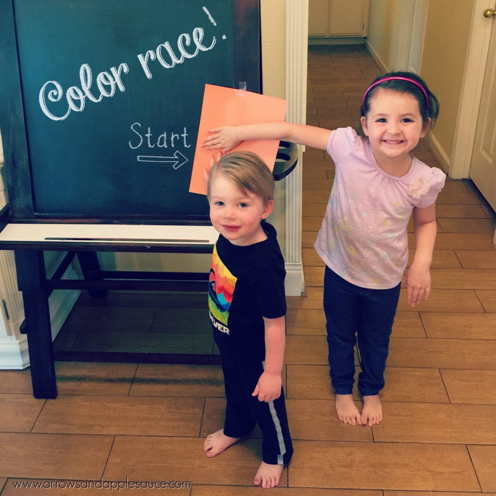 Get those kids moving and learning at the same time with this super easy gross motor game. They'll have fun learning their colors and be ready for a nap after. Let the Color races begin! #grossmotor #colors #learningcolors #preschool #preschoolathome #homeschool #kidsgames #kidsactivities #easykidsgames #noprep #learningathome