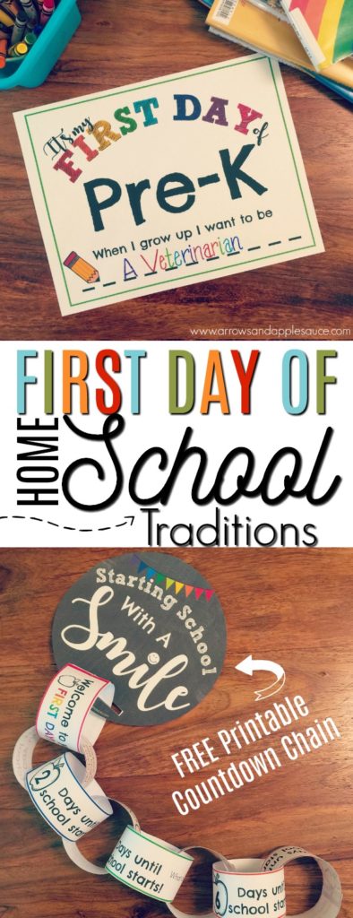 We're starting some fun first day of school traditions this year! Check out our fun photo prop signs and a cute countdown chain to the big day! #homeschool #learningathome #preschool at home #firstdayofschool #backtoschool #photoprop #countdown #printables