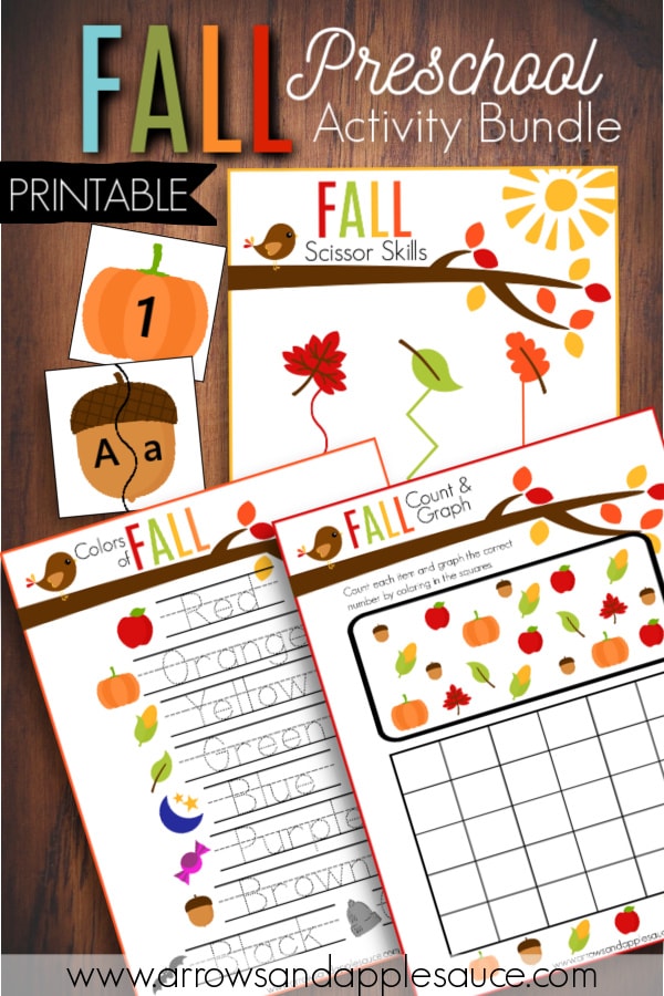 We're adding a little seasonal fun to our homeschool routine with this fun printable fall theme activity bundle. Your preschooler will love it! Practice alphabet matching, scissor skills and fine motor, counting and graphing, number sense, penmanship, and color recognition. #falltheme #preschooltheme #fallpreschoolactivities #fallkidsactivities #printablefallworksheets #homeschoolprintables #alphabetgames #scissorskills #preschoolmath #numbergames #pumpkingames
