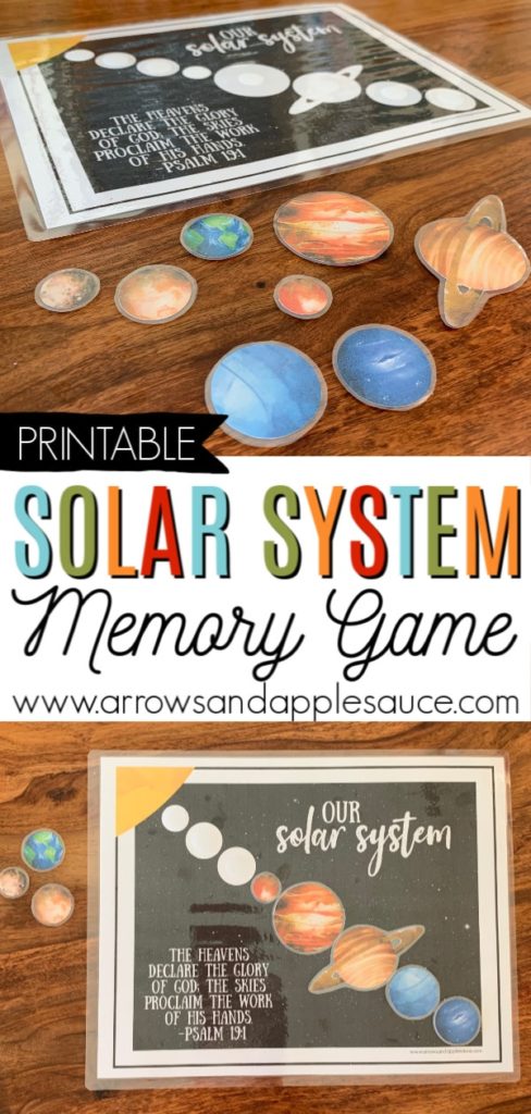 Learning about our amazing solar system is fun and easy with this printable memory game. Perfect for your homeschool science curriculum and a great addition to your busy binder. #homeschoolprintable #homeschoolscience #solarsystemactivity #kidsscienceactivity #learningaboutplanets #preschoolcurriculm #kindergarten#printablecurriculum #theheavensdeclarehisglory