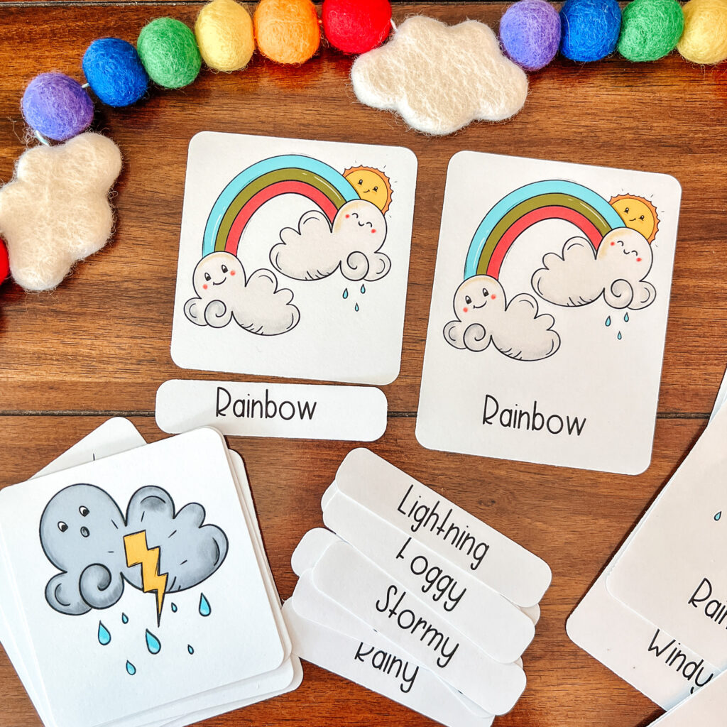Learning about the weather has been fun and easy with my new hand-drawn weather set and winter math activities. #preschoolweather #preschoolscience #threepartcards #flashcards #learningweather #homeschoolactivities #morningbacket