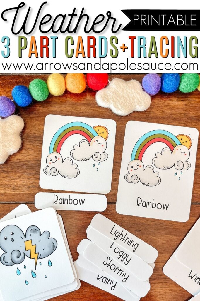 Learning about the weather has been fun and easy with my new hand-drawn weather set and winter math activities. #preschoolweather #preschoolscience #threepartcards #flashcards #learningweather #homeschoolactivities #morningbacket