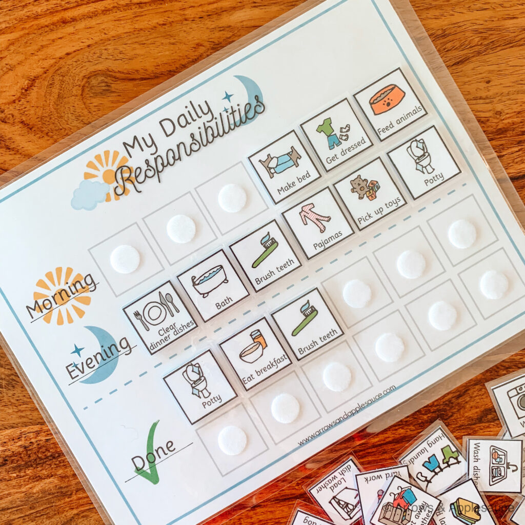 Encourage your kids to be more independent with this easy-to-use printable daily responsibilities chart with up to 120+ chore icons. #kidschorechart #kidsdailyresponsibilities #dailyrhythm #kidsdailyschedule #kidslifeskills