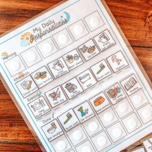 Encourage your kids to be more independent with this easy-to-use printable daily responsibilities chart with up to 120+ chore icons. #kidschorechart #kidsdailyresponsibilities #dailyrhythm #kidsdailyschedule #kidslifeskills