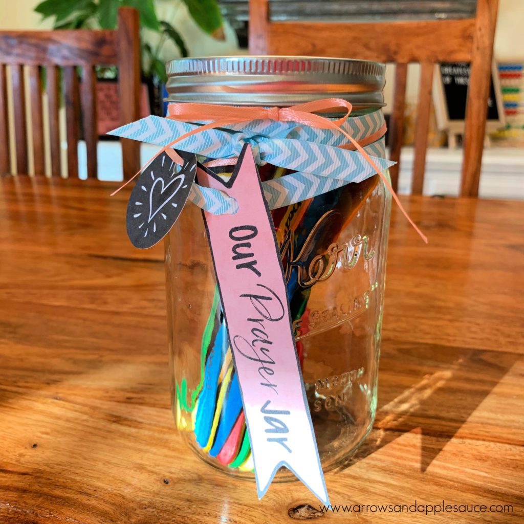 I love to use our prayer jar every morning to help my kids develope a healthy prayer life! See what's in our prayer jar and get some fun free printables, including a beautiful Lord's Prayer print. #teachingkidstopray #prayingwithkids #Christianparenting #learningtopray #kidsBibletime #Bibleactivitiesforkids #ChristianKids #prayerjar #Lordsprayer