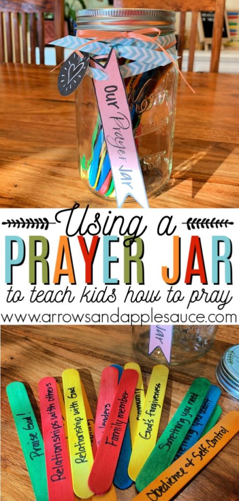I love to use our prayer jar every morning to help my kids develope a healthy prayer life! See what's in our prayer jar and get some fun free printables, including a beautiful Lord's Prayer print. #teachingkidstopray #prayingwithkids #Christianparenting #learningtopray #kidsBibletime #Bibleactivitiesforkids #ChristianKids #prayerjar #Lordsprayer