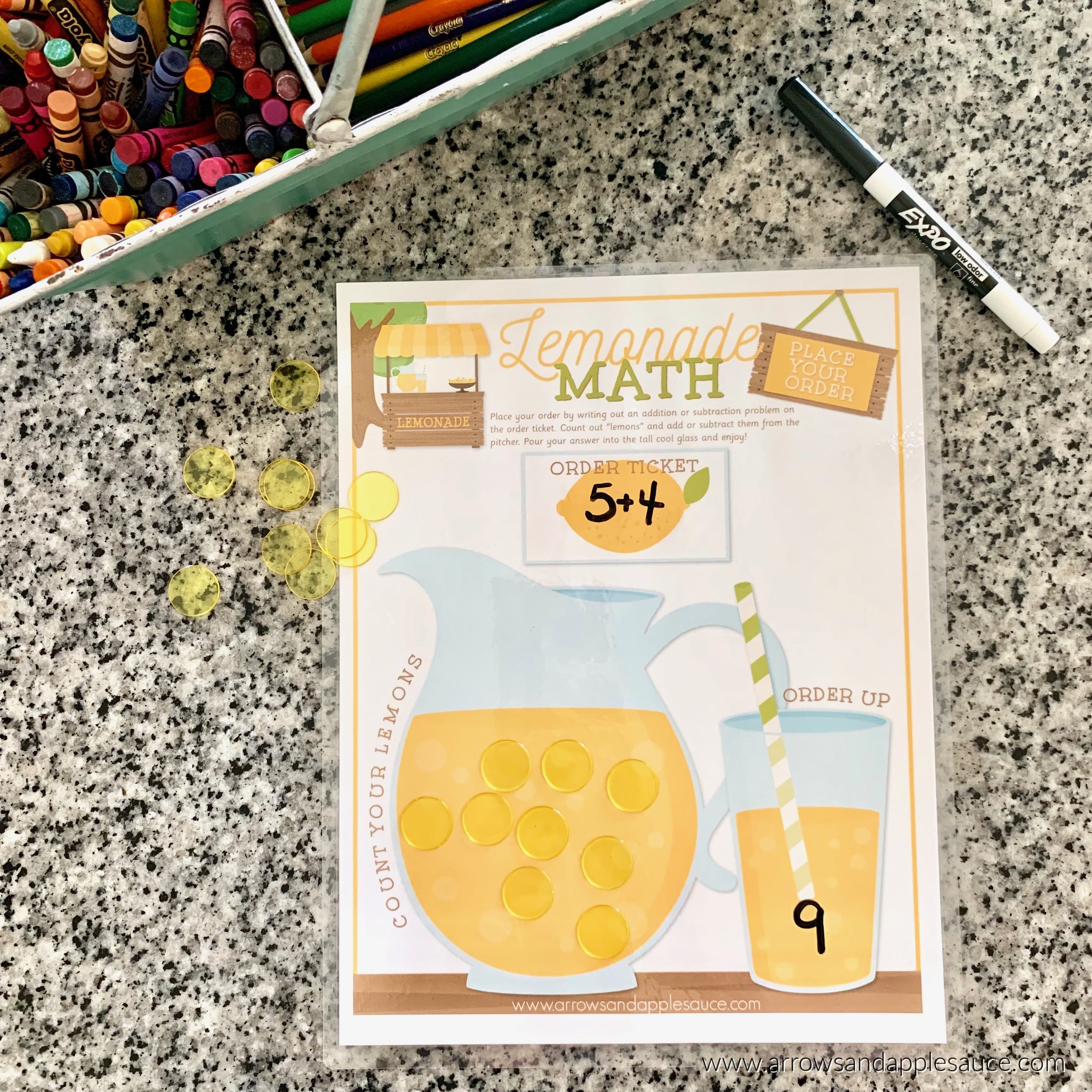 This printable math game is my answer to fostering my daughter's love of math while limiting time with her favorite math app. Horray for hands on learning! #preschoolmath #homeschoolpreschool #kindergartenmath #homeschoolprintables #learningathome #additionandsubtraction #basicmathskills #printablemathworksheet #kidsmathgame
