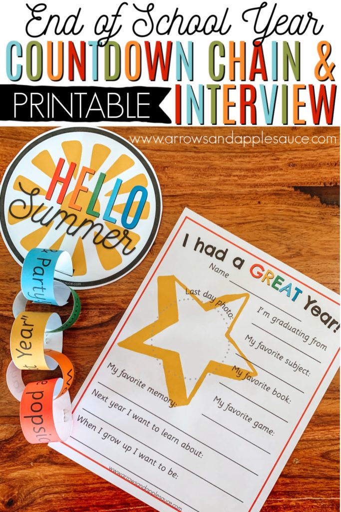 We're starting some fun traditions with this end of the school year summer countdown and interview. What a great way to start the summer and make memories! #endoftheyear #schoolsoutforsummer #homeschooltradtions #homeschoolprintables #freekidsactivities #learningathome #homeschoolpreschool #homeschoolkindergarten #countdowntosummer #countdownchain #paperchain #schoolinterview #preschoolgraduation #kindergartengraduation