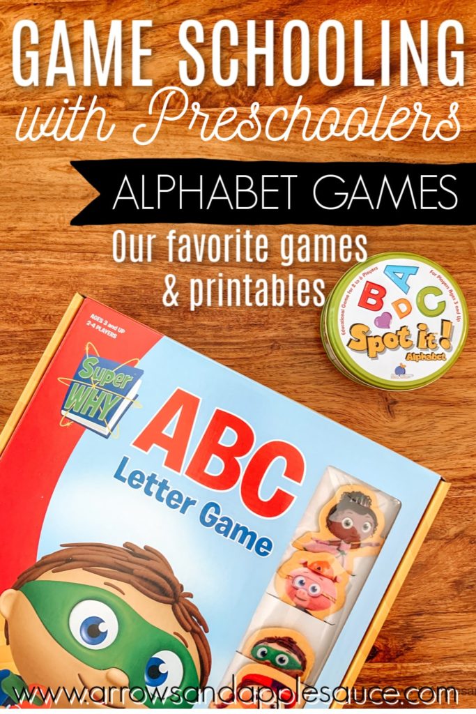 Gameschooling is a great wait to beat the summer brain drain! Check out our favorite preschool alphabet games to keep learning fun this summer! #gameschooling #alphabetgames #educationalgames #teachingabcs #preschoolgames #summerbraindrain #learningathome #homeschooltips #superwhy 