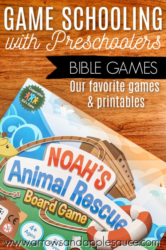 We're game schooling our way through the summer! Check out our favorite Bible games, printables, and activities for preschoolers. #gameschooling #kidsbiblegame #bibleboardgame #homeschoolgames #homeschoolpreschool #kidsbibleactivities #noahsark #homeschoolprintables