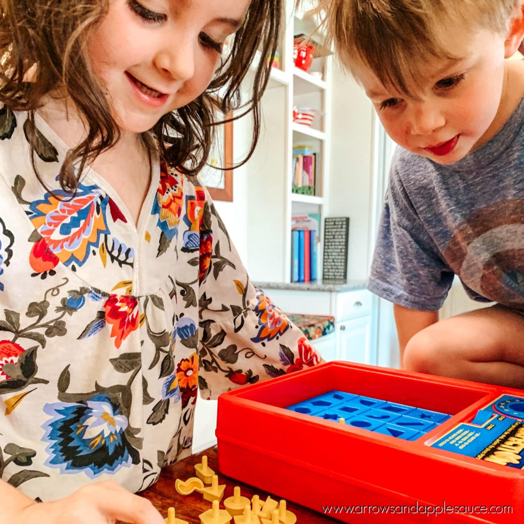 Learning shapes is so fun with game schooling! Check out our favorite board games and printable shapes games to help your kids learn and review! #shapegames #gameschooling #learningshapes #homeschoolmath #homeschoolprintables #preschoolgames #homeschoolpreschool #sidewalkchalk #summerkidsactivities