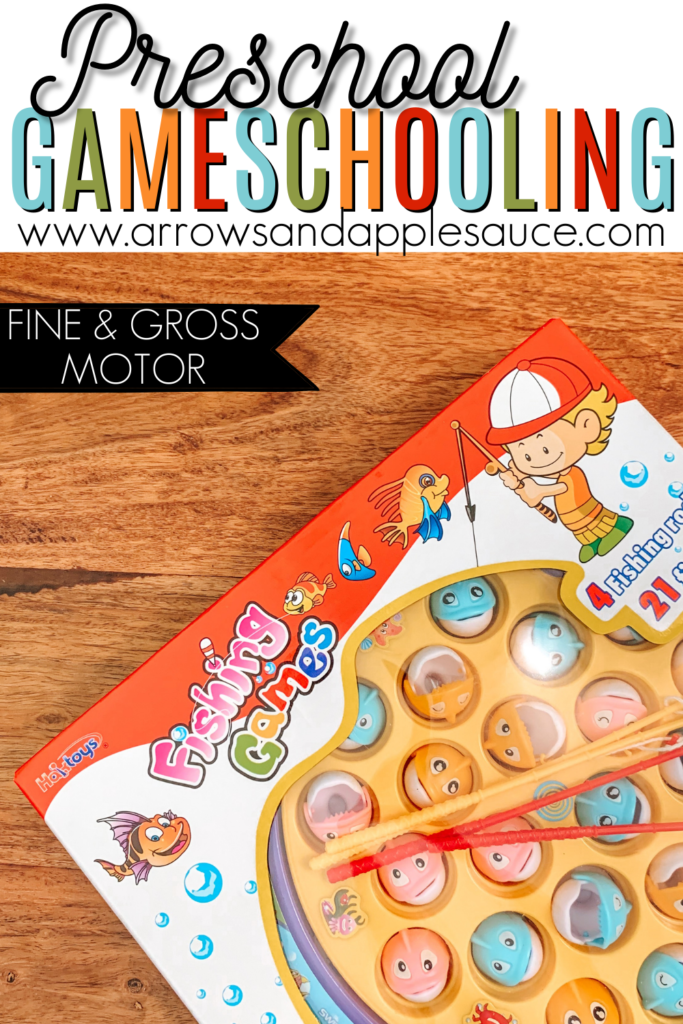 We're practicing our fine and gross motor skills, learning, and having fun all at the same time with game schooling! #gameschool #preschool #finemotor #preschoolgames #grossmotorpractice 