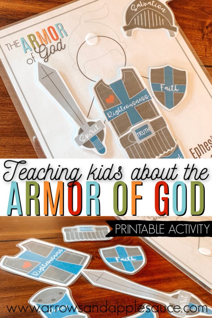 The Armor of God can be a big subject to teach little ones. This printable activity will help make it more understandable and fun! #armorofgod #christiansoldier #christiankids #kidsbiblestudy #christianhomeschool #Bibleactivities #kidsBiblegame #Bibletimewithkids #sundayschoollesson #Ephesians #swordofthespirit #Christianparenting