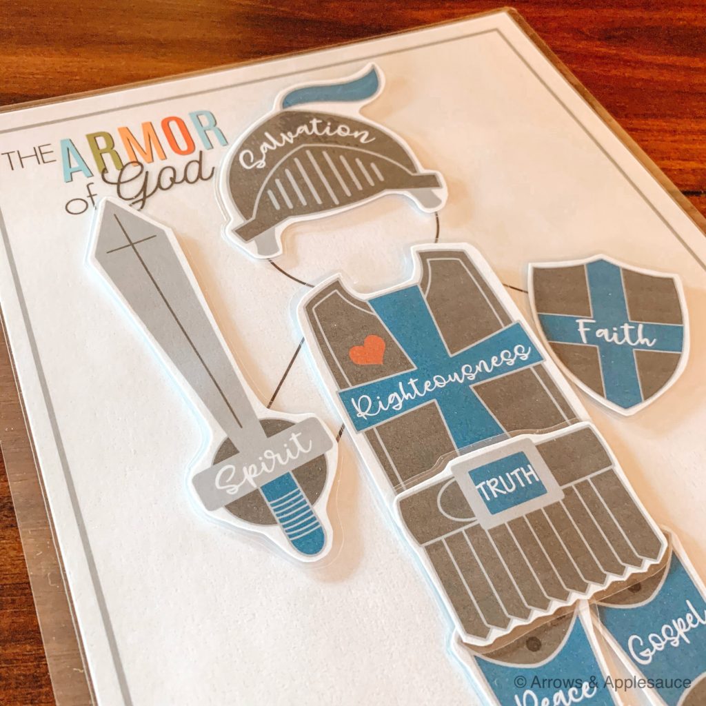 The Armor of God can be a big subject to teach little ones. This printable activity will help make it more understandable and fun! #armorofgod #christiansoldier #christiankids #kidsbiblestudy #christianhomeschool #Bibleactivities #kidsBiblegame #Bibletimewithkids #sundayschoollesson #Ephesians #swordofthespirit #Christianparenting