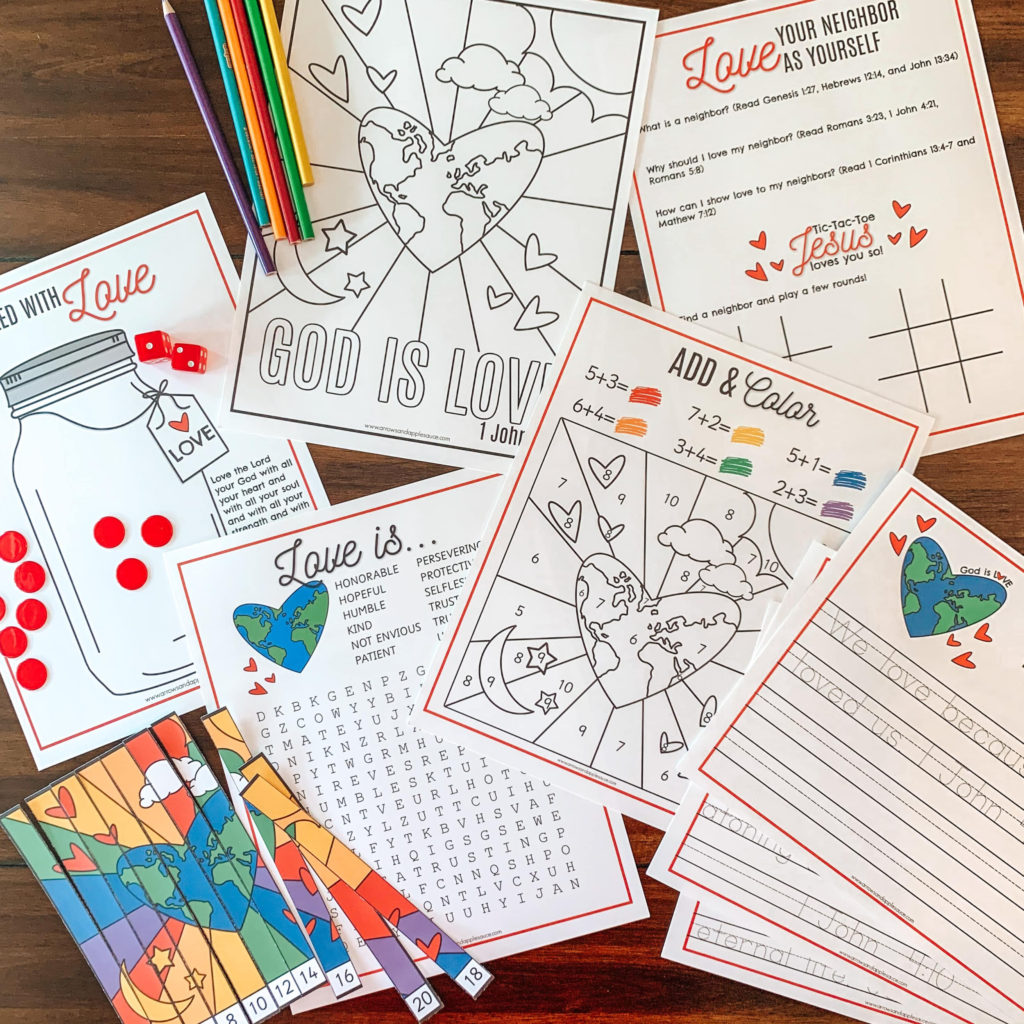Teach your kids about the greatest love of all with this Valentine's Day Bible activity pack. Full of fun and easy activities to help them learn. #kidsbiblestudy #biblewithkids #christiankids #kidsvalentinesday #Christianvalentines #educationalprintables #valentinesprintables #kindergartenmath #biblewordsearch #bibleverse #penmanshippractice #kidsdicegame #printablecoloringpage #christianparenting #homeschoolactivities