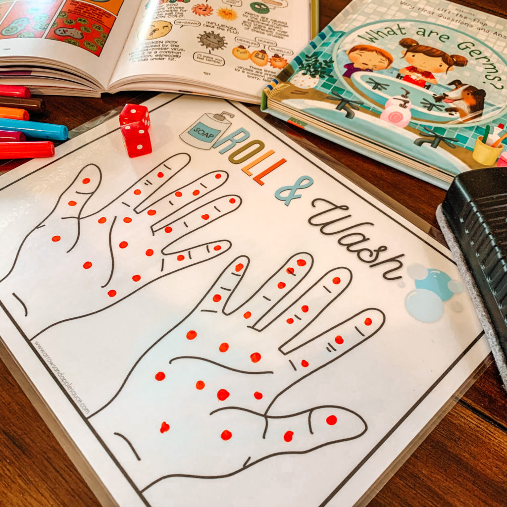 This new hand washing game uses dice as a fun way to practice counting (and shapes/colors if you want) along with a little hygiene lesson tucked in. #kidshygiene #teachhandwashing #preschoolmath #homeschoolscience #germslesson #kidsgermactivity #teachinghygiene #preschoolathome #freeprintables