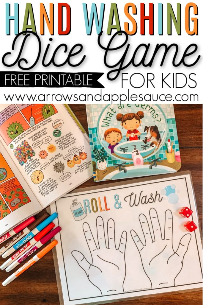 This new hand washing game uses dice as a fun way to practice counting (and shapes/colors if you want) along with a little hygiene lesson tucked in. #kidshygiene #teachhandwashing #preschoolmath #homeschoolscience #germslesson #kidsgermactivity #teachinghygiene #preschoolathome #freeprintables