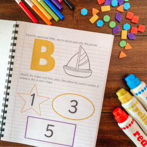 This pre-made printable preschool journal takes all the work out of creating your own pages every day. This printable journal was made to be a gentle introduction to basic early learning principles. #preschooljournal #homeschoolpreschool #alphabetpractice #preschoolactivities #learningtocount #shapesactivities #finemotorskills