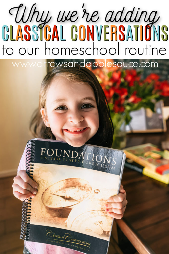 We're adding Classical Conversations to our homeschool routine and couldn't be more excited! Even though it's not going quite as expected. #classicalconversations #ccfoundations #homeschoolcurriculum #homeeducation #firstgradehomeschool #classicaleducation #learningathome