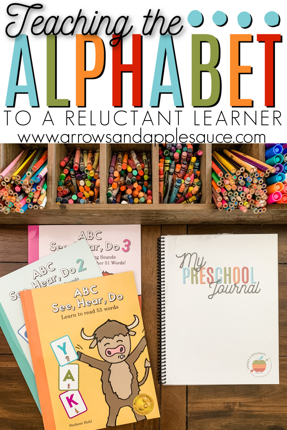 Individual learning styles can make teaching the alphabet a challenge, but this tool has made such a difference for my reluctant learner! #teachingthealphabet #preschoolathome #alphabetactivity #homeschoolpreschool #abcs #preschooljournal #learningthealphabet #abcseeheardo