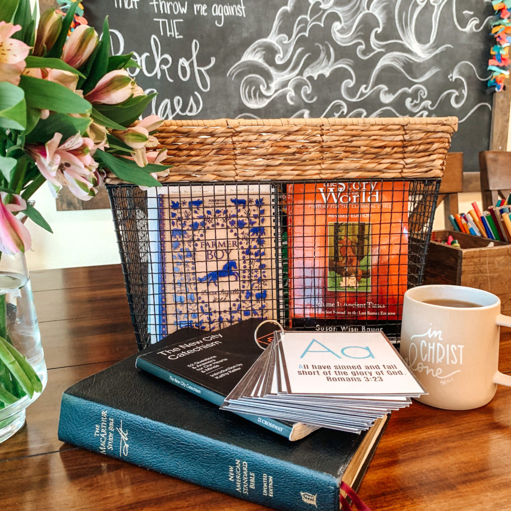 Morning basket has become one of my favorite additions to our homeschool lifestyle. Here's what our routine looks like, plus helpful tips! #morningbasket #morningroutine #homeschool #homeschoolroutine #christianhomeschool #homeschoollesson #biblewithkids #kidsbiblestudy #alphabetbibleverse #homeschooltips