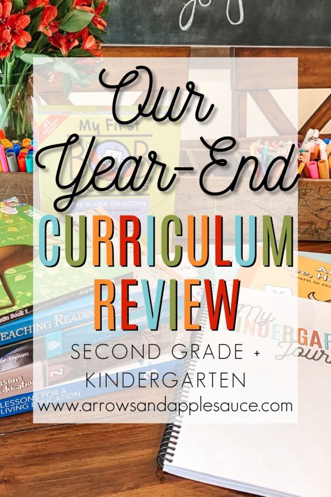 We're taking a look back for an honest year end review of our second grade and kindergarten curriculum picks! #curriculumreview #secondgrade #kindergarten #homeschoolcurriculum #masterbooksreview #songschoollatin #abcseeheardo #kindergartenjournal