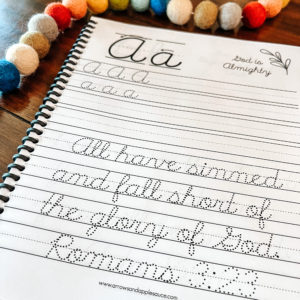 My Bible Verses tracing workbook in cursive. Practice the alphabet, corresponding Bible verse, books of the Bible, and the Lord's Prayer. #Biblewithkids #cursivepractice #kidsbiblestudy #cursiveworkbook