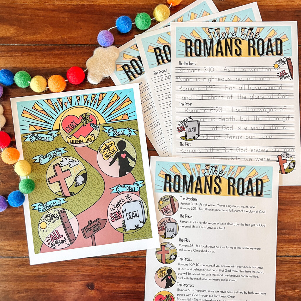 The Romans Road is a great tool for teaching kids about salvation and the theology behind our faith in Christ! #Bibleactivity #kidsBible #Romansroad #Theology #Christianhomeschool #Gospelforkids #Sundayschoollesson #kidsbiblestudy 
