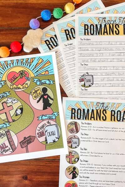 The Romans Road is a great tool for teaching kids about salvation and the theology behind our faith in Christ! #Bibleactivity #kidsBible #Romansroad #Theology #Christianhomeschool #Gospelforkids #Sundayschoollesson #kidsbiblestudy