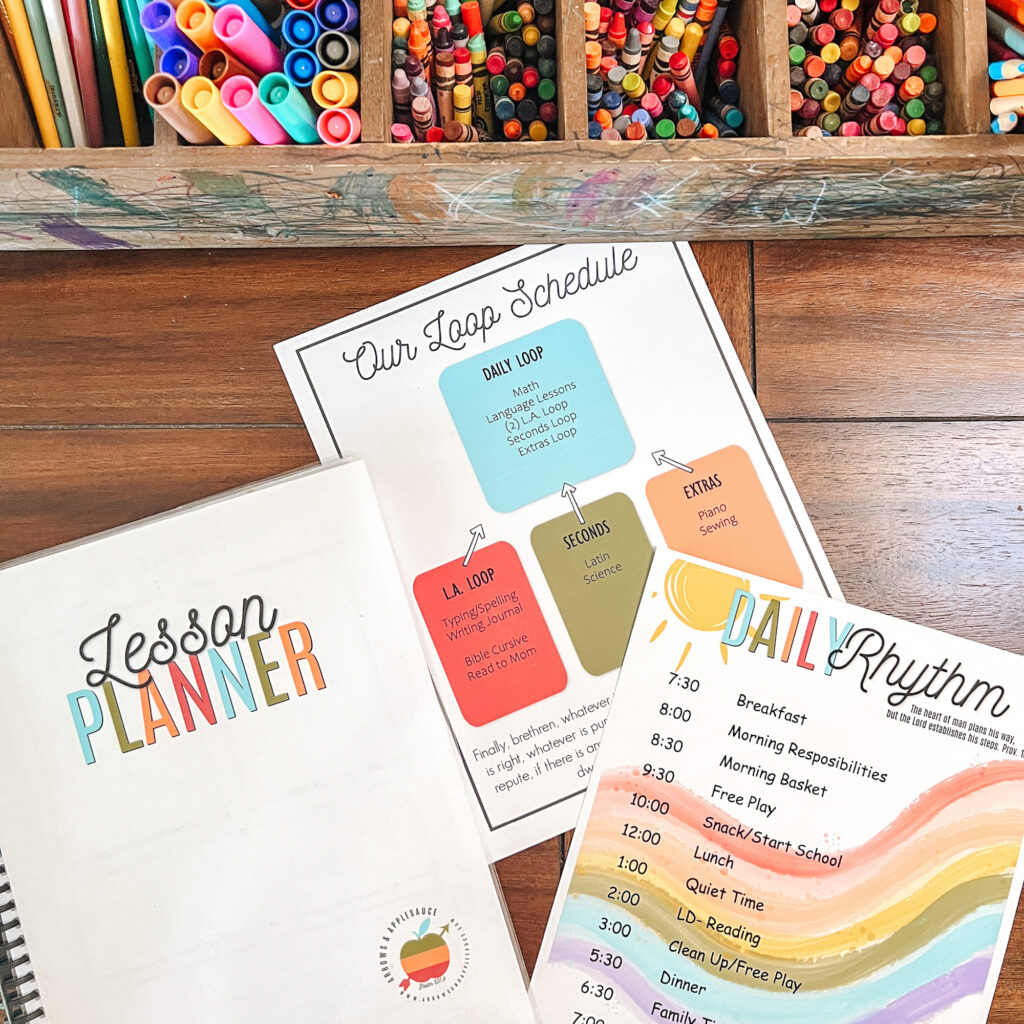 I receive lots of questions about how we organize our homeschool day. Here are my most used tips and resources. #homeschoolschedule #homeschoolrhythm #dailyrhythm #loopschedule #lessonplanning
