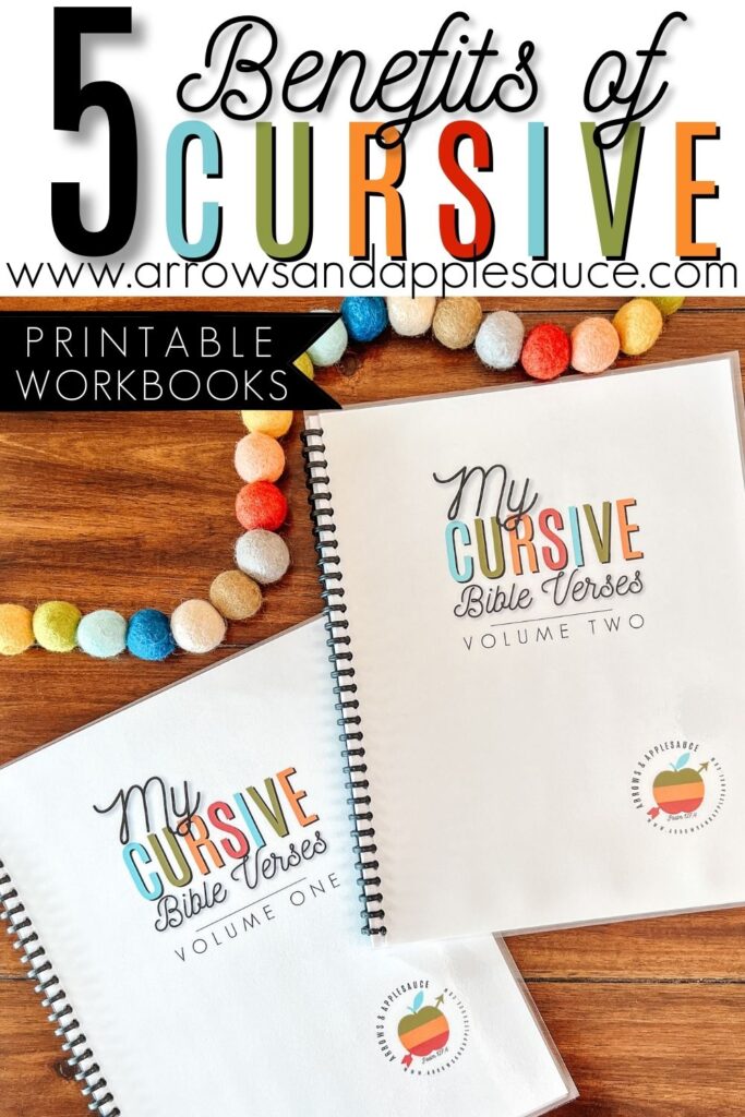 Learning cursive has some great benefits! My Bible Verse Cursive books are an easy way to practice this beautiful skill. #cursivehandwriting #learningcursive #penmanship #homeschoolprintables #kidsbibleverses