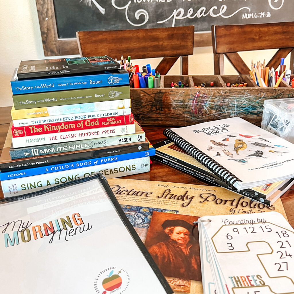 Take a look at our curriculum picks for the group subjects we'll be covering in our 2023-24 homeschool year! #curriculumpicks #familystylelearning #morningbasket #latinforkids #kidsbiblestudy #morningmenu #naturestudy #morningroutine