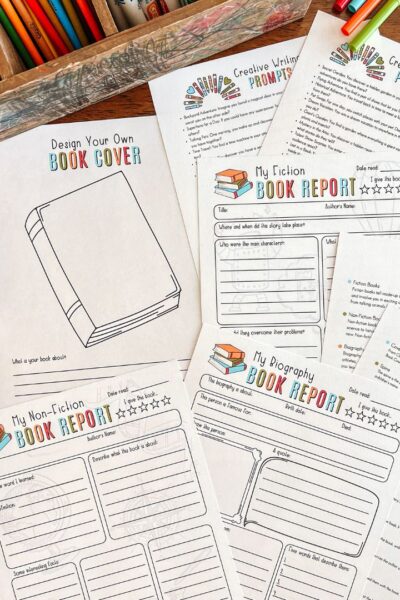 We're trying something new for homeschool language art and adding book reports to the mix! Check out our new printable book report pack! #fifthgrade #bookreports #languagearts #homeschoolreading #homeeducation #creativewriting