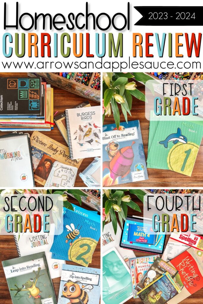 It's time for our year-end curriculum review of the homeschool resources we used for first, second, and fourth grade and our group subjects! #curriculumreview #homeschoolcurriculum #firstgrade #secondgrade #fourthgrade #homeeducation #yearendreview #allaboutreading #horizonsmath #firstlanguagelessons #teachingtextbooks