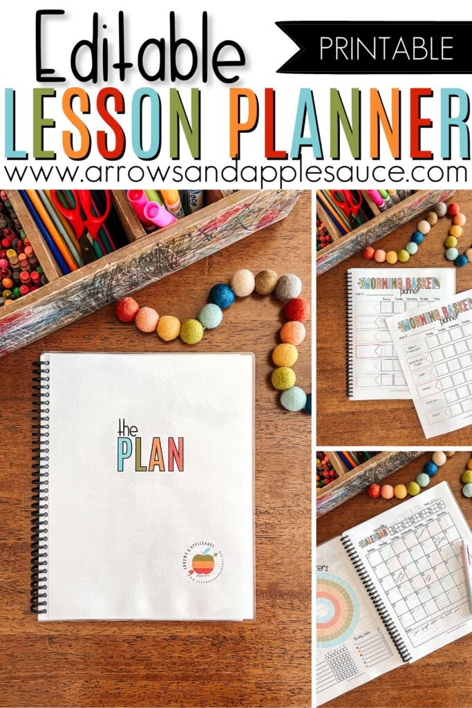 Introducing, our new editable lesson planner! Perfect for organizing your homeschool and everyday life, because homeschooling IS life! #lessonplanner #homeschoolplanner #teacherplanner #dailyrhythm #homeschoolroutine #habittracker #morningbasket #printablecalendar