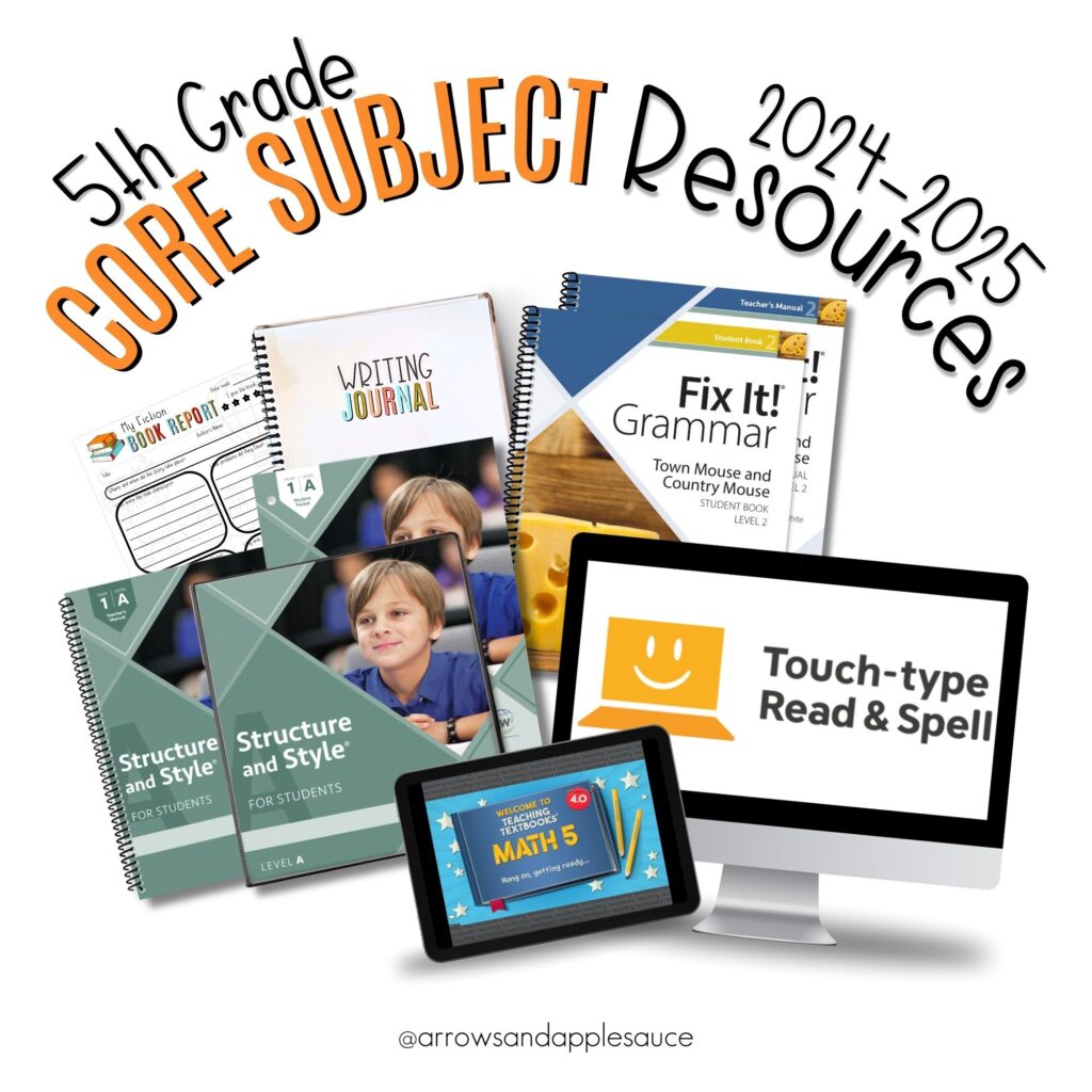 I'm excited to share our core subject curriculum picks for second, third, and fifth grade! It's gonna be a great homeschool year! #homeschoolcurriculum #secondgrade #thirdgrade #fifthgrade #homeschoolresources #allaboutreading #fixitgrammar #iew #teachingtextbooks #typinglessons #horizonsmath