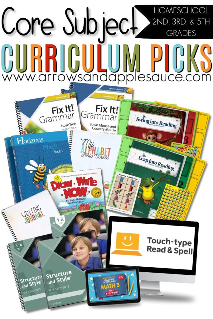 I'm excited to share our core subject curriculum picks for second, third, and fifth grade! It's gonna be a great homeschool year! #homeschoolcurriculum #secondgrade #thirdgrade #fifthgrade #homeschoolresources #allaboutreading #fixitgrammar #iew #teachingtextbooks #typinglessons #horizonsmath