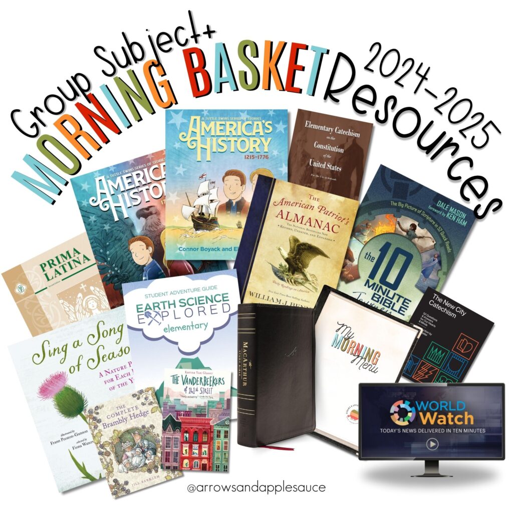 Let's take a look at the group subjects we'll be covering during morning basket for our 2024-25 homeschool year! #morningbasket #groupsubjects #homeschoolcurriculum #homeeducation #kidsbiblestudy #homeschoolmorningroutine #readalouds