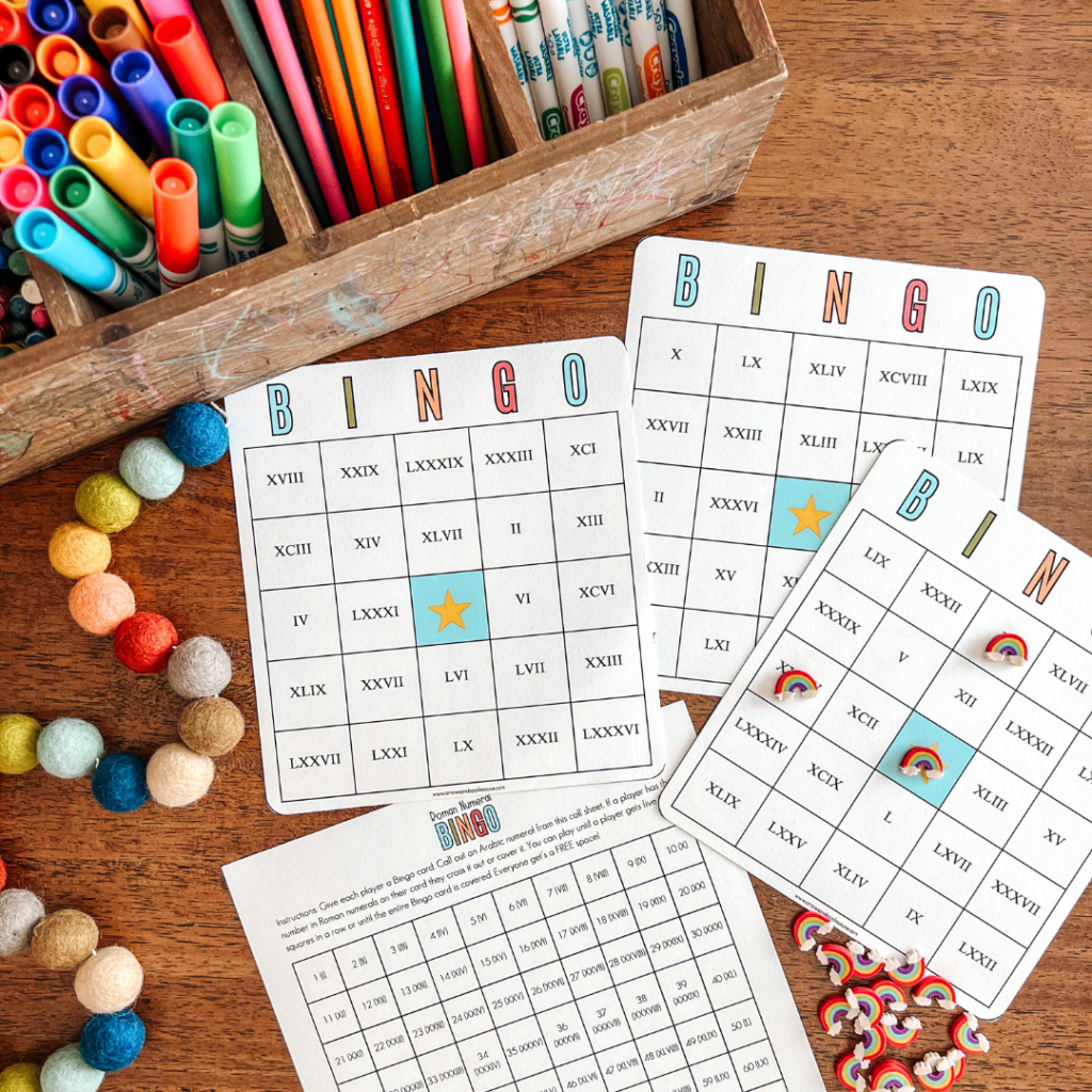 Introduce your kids to the fun of learning Roman numerals with our hands-on activity set! Perfect for homeschool moms, this set includes charts, matching games, and Bingo to make learning engaging. Boost math skills, critical thinking, and cultural awareness with these exciting activities. #RomanNumerals #HomeschoolMath #HandsOnLearning #ElementaryMath #MathGames #HomeschoolResources #EducationalActivities #mathprintables #fourthgrade #fifthgrade