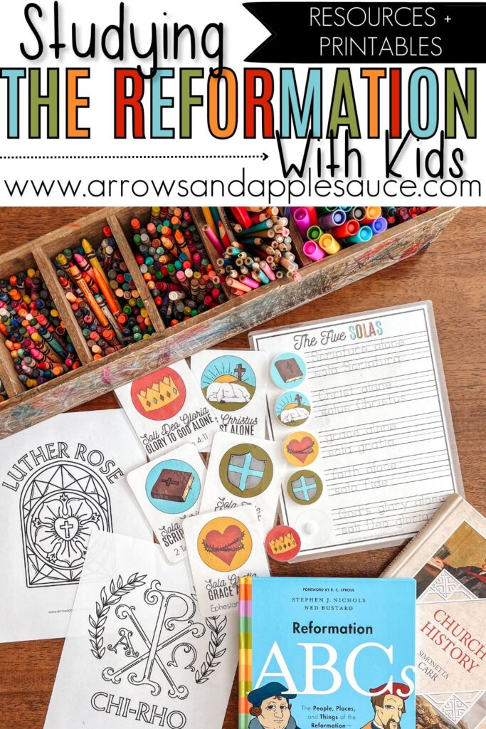 Explore fun and meaningful ways to study the Reformation with kids! Reformation Day celebration ideas, engaging activities, and printables. #ReformationDay #ChristianHomeschool #FiveSolas #FaithActivities #ChristianEducation #LutherRose #HomeschoolHistory #chirho #kidsbiblestudy