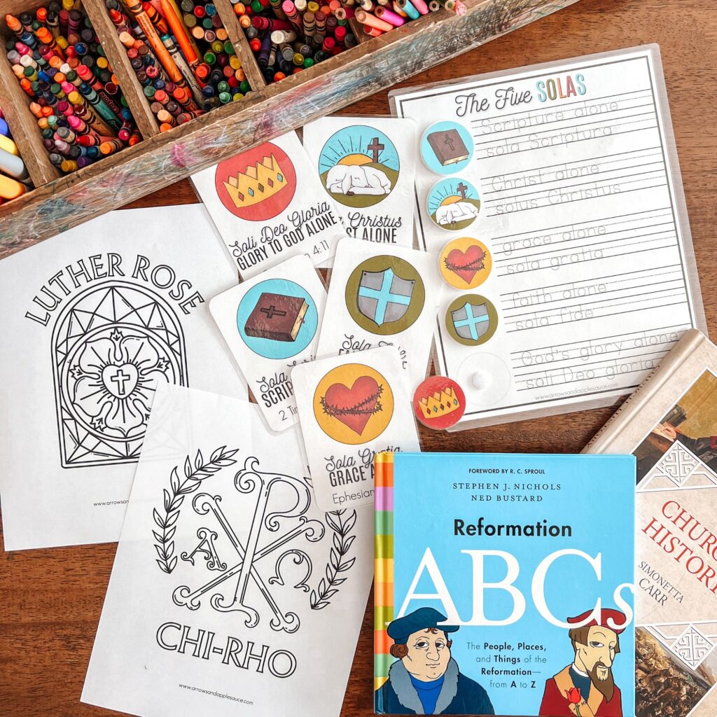 Explore fun and meaningful ways to study the Reformation with kids! Reformation Day celebration ideas, engaging activities, and printables. #ReformationDay #ChristianHomeschool #FiveSolas #FaithActivities #ChristianEducation #LutherRose #HomeschoolHistory #chirho #kidsbiblestudy