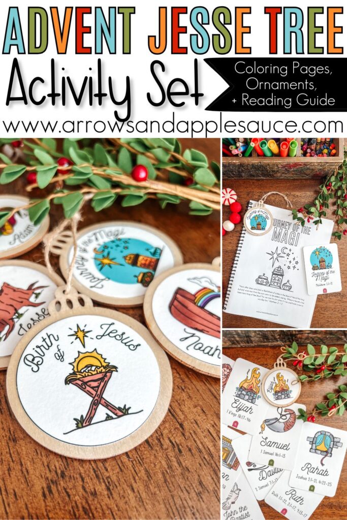 Celebrate Advent with a Jesse Tree tradition! Our activity set helps kids learn how each Bible story points to Jesus this Christmas season. #JesseTree #ChristCenteredChristmas #ChristmasKidsCraft #KidsBibleStudy #AdventActivities