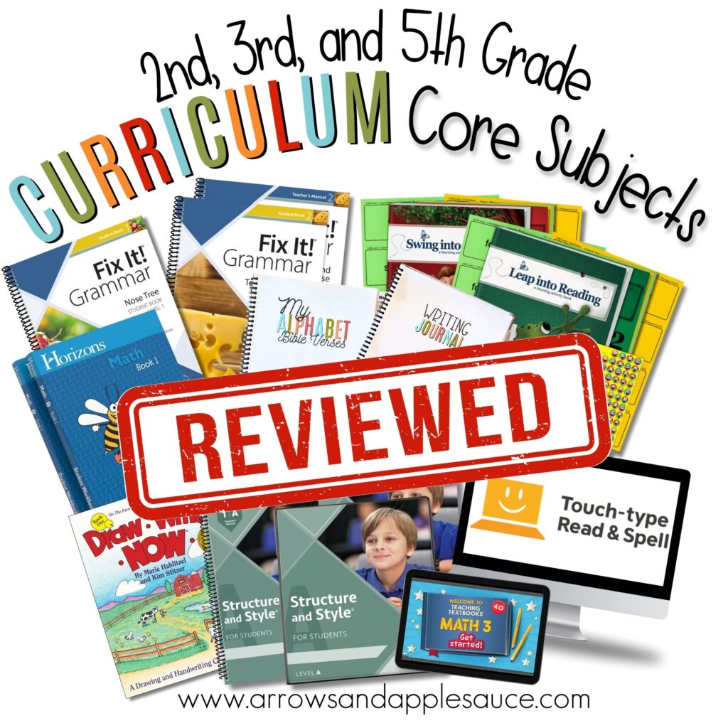 Looking back on our second, third, and fifth-grade resources! It's time for a curriculum review of our core subjects! #curriculumreview #secondgrade #thirdgrade #fifthgrade #homeschoolcurriculum #allaboutreading #teachingtextbooks #fixitgrammar #iew #typinglessons #homeschoolfamily